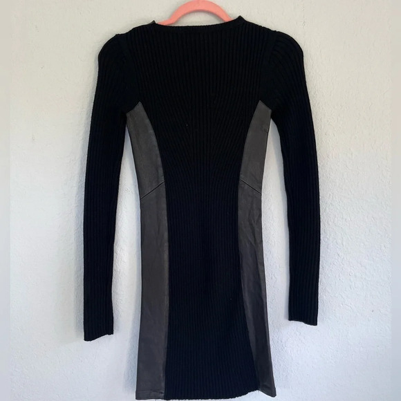 Theory Black Lambskin Leather Trim Long Sleeve Stretch Sweater Dress Size P/TP - Picture 6 of 11